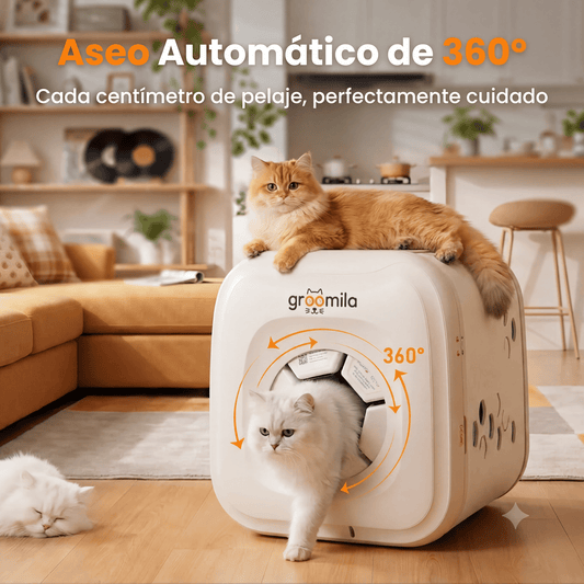 Gato usando el autoaseo felino Groomila L en el salón