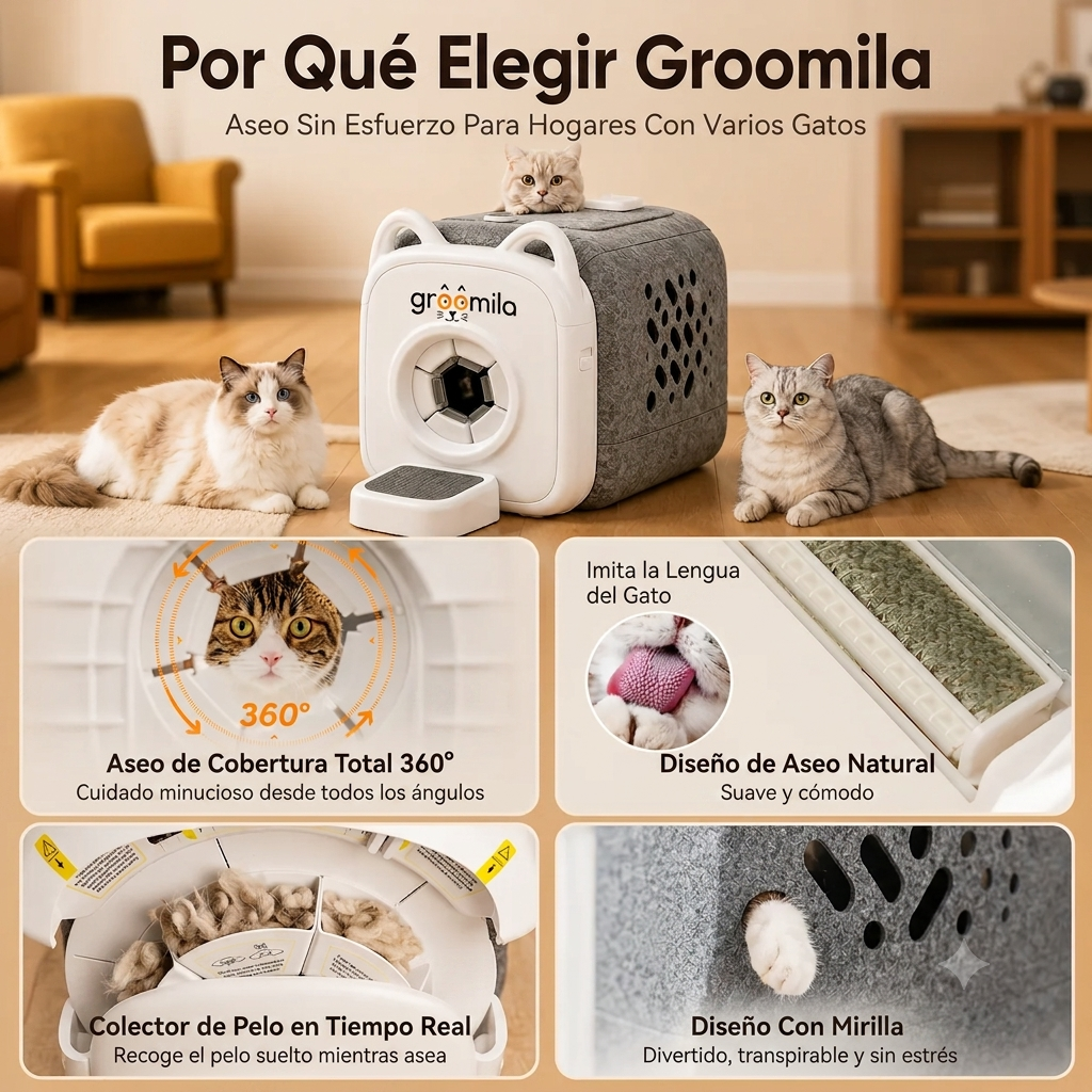 Groomila Pro - Casita de Autoaseo Automático 360° para Gatos (Sin Electricidad ni Cables)
