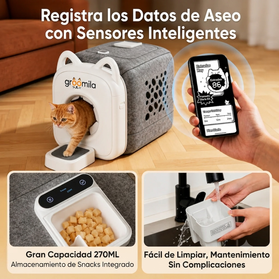 Groomila Pro - Casita de Autoaseo Automático 360° para Gatos (Sin Electricidad ni Cables)
