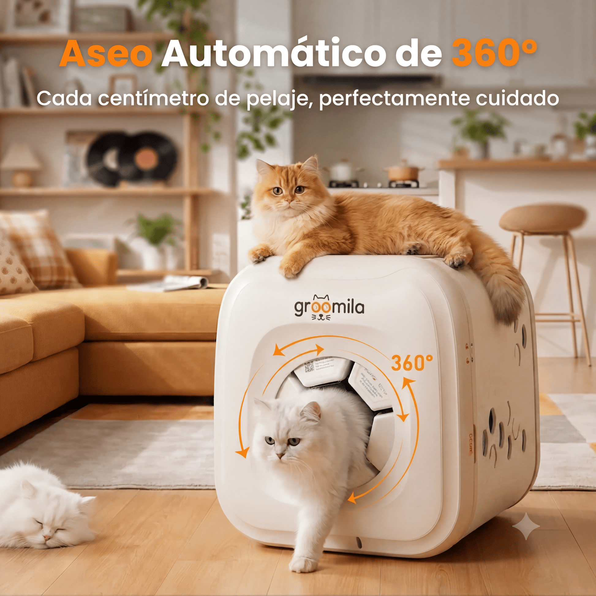 Gato usando el autoaseo felino Groomila L en el salón
